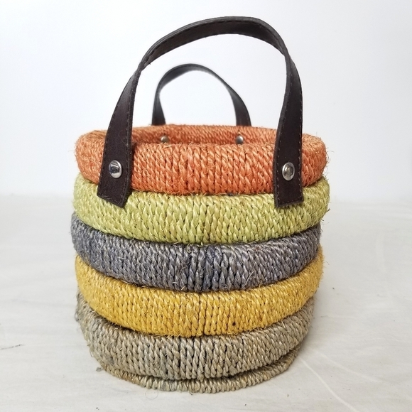 Unique Beautiful Earth Tone Multicolored Wooven Jute Basket with Leather Handles - Picture 2 of 11